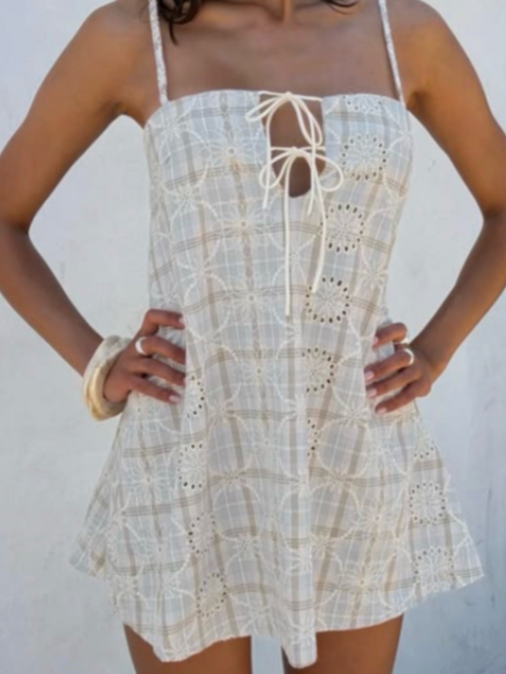 Princess Polly Cream Plaid Eyelet Mini Dress